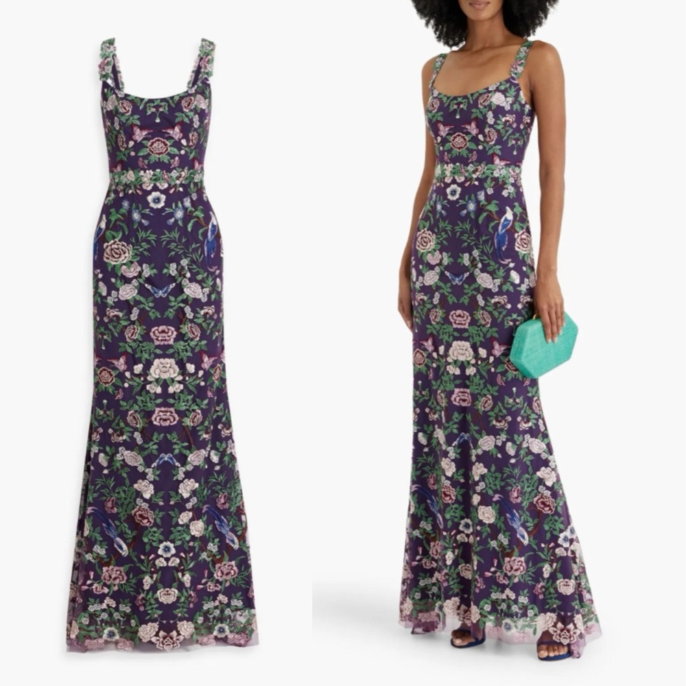 Marchesa Notte Embroidered Tulle Gown Amethyst Floral Size 2